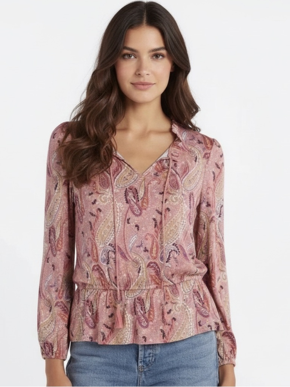 NWT L Les Serein Locarno Paisley Peplum Knit Rayon Long Sleeve Top